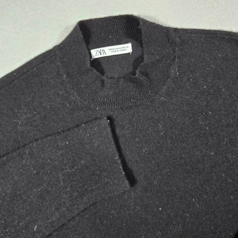 Zara Mens Medium Black Sweater Mock Neck Cashmere Blend Knit Long Sleeve